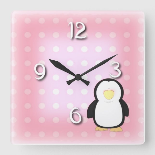 Horloge Carrée rose pinguin (Recto)