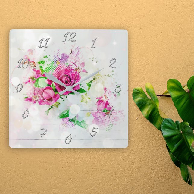 Horloge Carrée Rose romantique avec Bokeh & Étincelles sur Blanc (Créateur téléchargé)