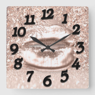 Horloge Carrée Rose Rose Floral Glitter Kiss Lips Numbers Beauty