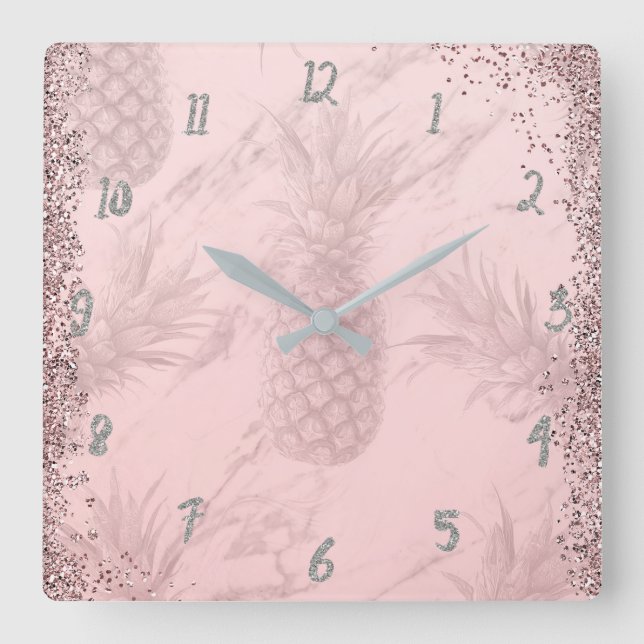 Horloge Carrée Rose Rose Parties scintillant Or Ananas Tropical C (Recto)