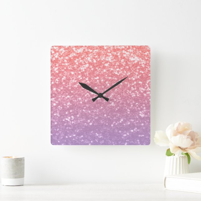 Horloge Carrée Rose rose violet lavande faux pétille parties scin (Maison)