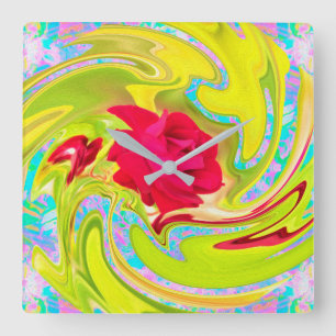 Horloge Carrée Rose rouge Abstraite sur Yellow et Aqua Swirl