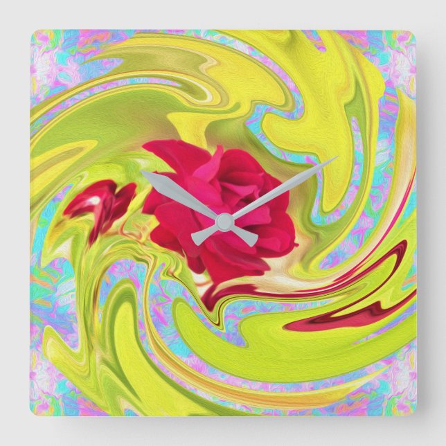 Horloge Carrée Rose rouge Abstraite sur Yellow et Aqua Swirl (Recto)