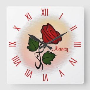 Horloge Carrée Rose rouge avec nom chiffres romains