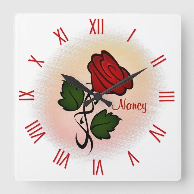 Horloge Carrée Rose rouge avec nom chiffres romains (Recto)