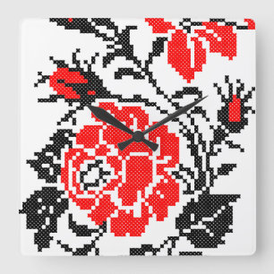 Horloge Carrée Rose rouge et noire motif de broderie russe