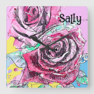 Horloge Carrée Rose Rouge Roses Aquarelle Florale Fleurs Fleur