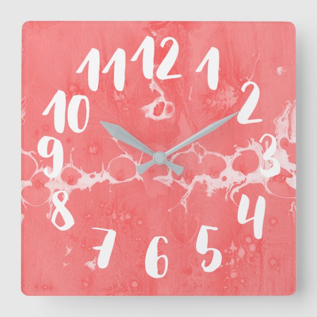 Horloge Carrée rose saumon, eau, texture, papier marbré (Recto)