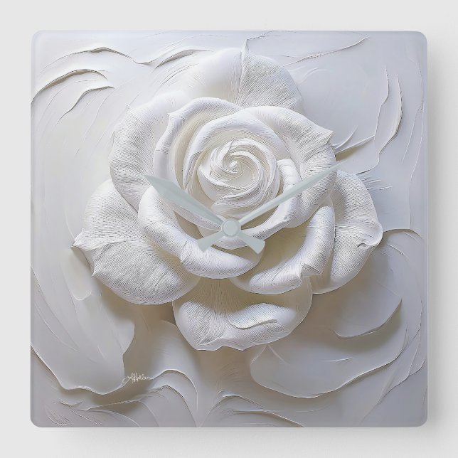 Horloge Carrée Rose Sculptée - Blanc sur Blanc (Recto)