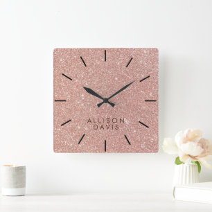 Horloge Carrée Rose tendance Parties scintillant or moderne minim