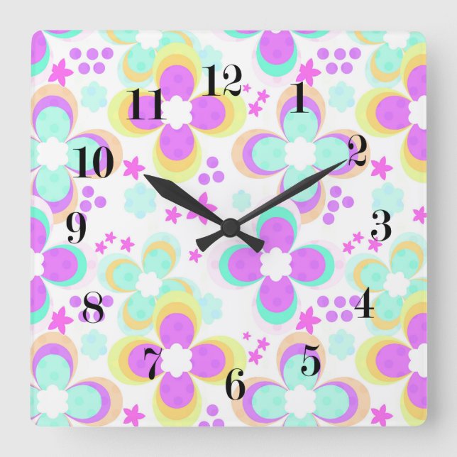 Horloge Carrée Rose, turquoise, floral (Recto)