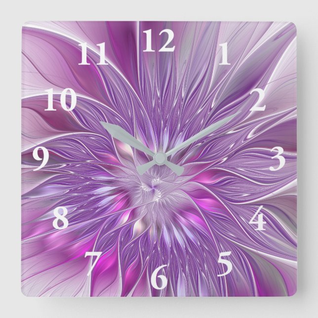 Horloge Carrée Rose violet passion Fleur Art Abstrait Fractal (Recto)