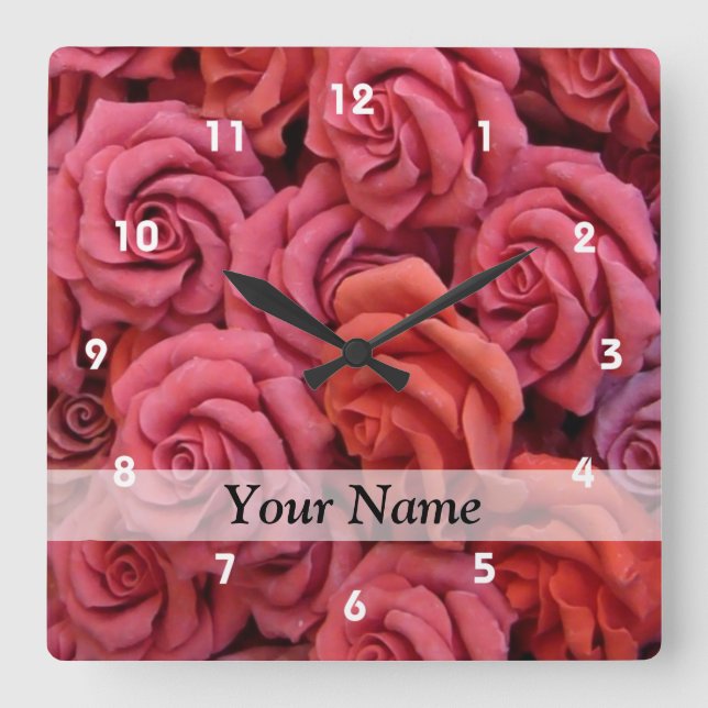 Horloge Carrée Roses à fleurs roses (Recto)