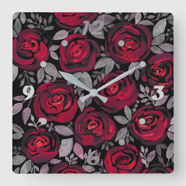 Horloge Carrée Roses d'aquarelle sur un arrière - plan noir, aqua (Recto)