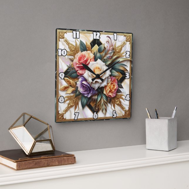 Horloge Carrée Roses élégants en design floral complexe (Bureau)
