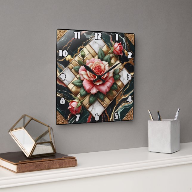 Horloge Carrée Roses élégants sur le marbre et Arrière - plan or (Bureau)