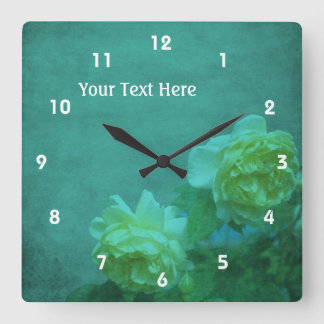 Horloge Carrée Roses Jaunes Sur Turquoise