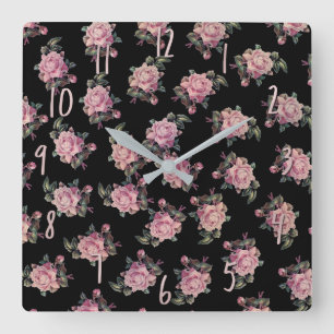 Horloge Carrée Roses roses foncés motif floral shabby chic