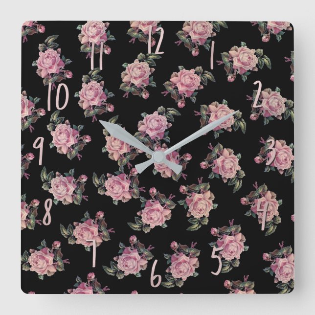 Horloge Carrée Roses roses motif floral sombre shabby chic (Recto)