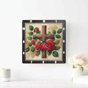 Horloge Carrée Roses rouges en bois