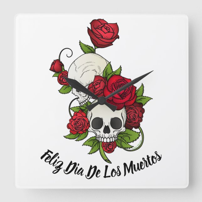 Horloge Carrée Roses rouges et crânes Joyeux Jour des Morts (Recto)