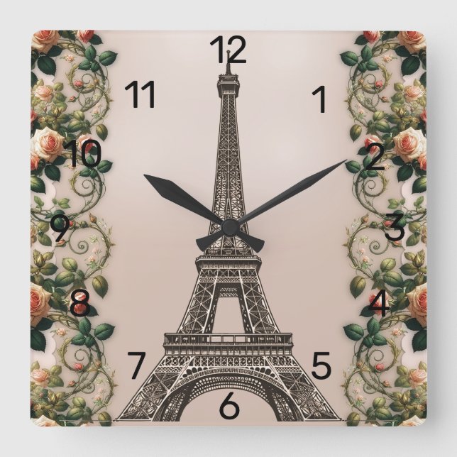 Horloge Carrée Roses Vignes Roses Paris Tour Eiffel Shabby Chic (Recto)