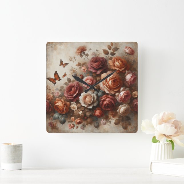 Horloge Carrée Roses vintages à papillons (Maison)