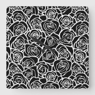 Horloge Carrée Roses Vintages en noir et blanc