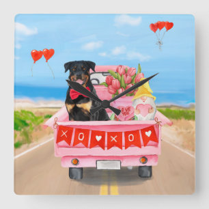 Horloge Carrée Rottweiler Chien Saint Valentin Coeurs de Camion