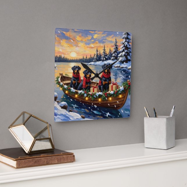 Horloge Carrée Rottweiler Noël Bateau Fêtes (Bureau)