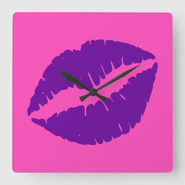 Horloge Carrée Rouge à lèvres rose et violet pour baiser (Recto)