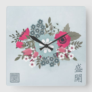 Horloge Carrée Rouge anémone bleu marguerite floral chinois (Bien