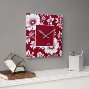 Horloge Carrée rouge & blanc vintage Belle Fleurs de Jardin