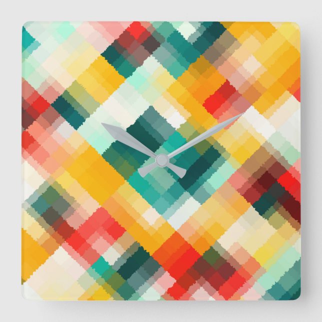 Horloge Carrée Rouge bleu vert jaune blanc Motif Abstrait (Recto)