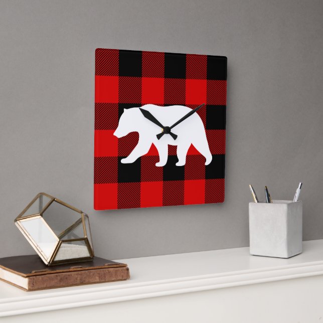 Horloge Carrée Rouge Buffalo Plaid & Ours Blanc (Bureau)