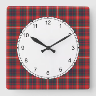 Horloge Carrée Rouge et Marine Bleu Fraser de Lovat Tartan modern