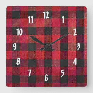 Horloge Carrée Rouge et noir À damiers plaid