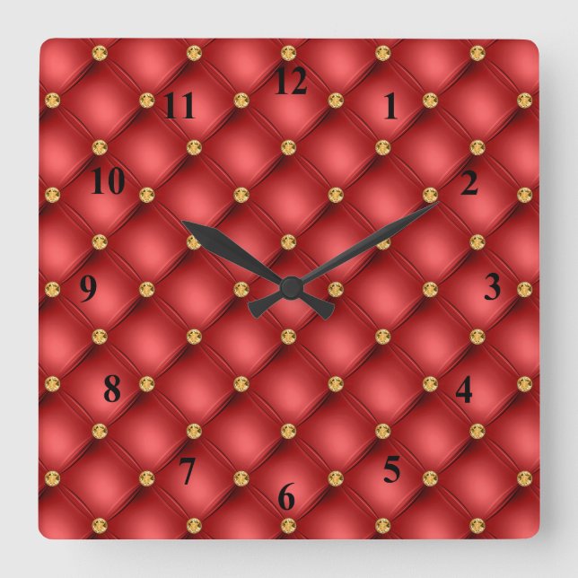 Horloge Carrée Rouge et or Diamant Tufted Cuir Texture luxe (Recto)