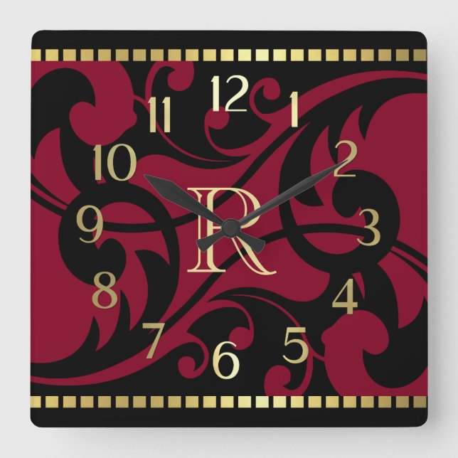 Horloge Carrée Rouge Flourissant Design Gold Bordure avec Monogra (Recto)