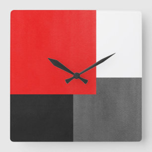 Horloge Carrée Rouge gris noir et blanc bloc géométrique