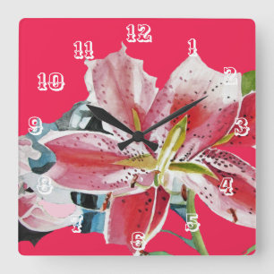 Horloge Carrée Rouge Lily Lys Aquarelle Fleur d'Art