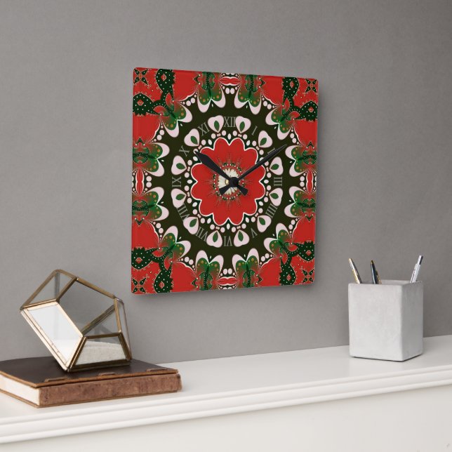 Horloge Carrée Rouge noir vert et blanc Super Mandala (Bureau)