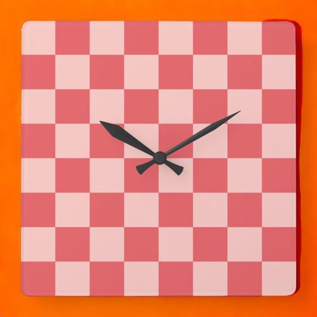 Horloge Carrée Rouge rose À damiers En vichy Motif (Zazzle Pink Red Checkered Gingham Pattern Square Wall Clock)