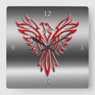 Horloge Carrée Rouge stylized Phoenix Rising ion métallique