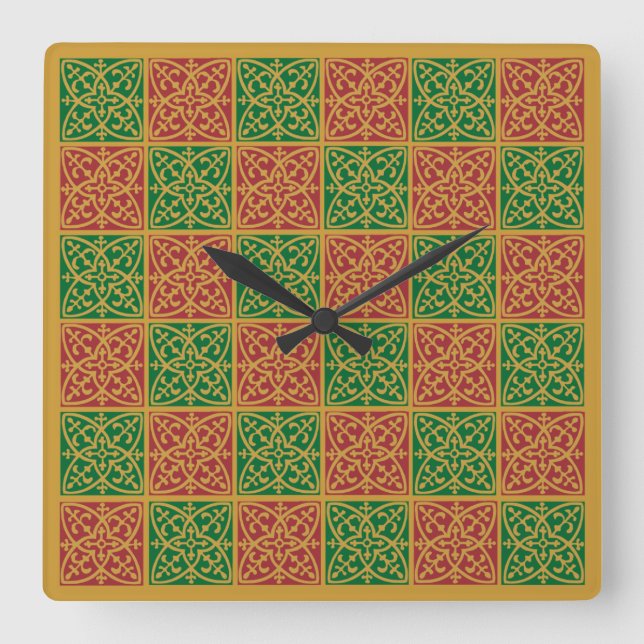 Horloge Carrée Rouge Vert Fleur de Lis Motif de vacances (Recto)