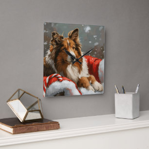 Horloge Carrée Rough Collie Chien Festif de Noël