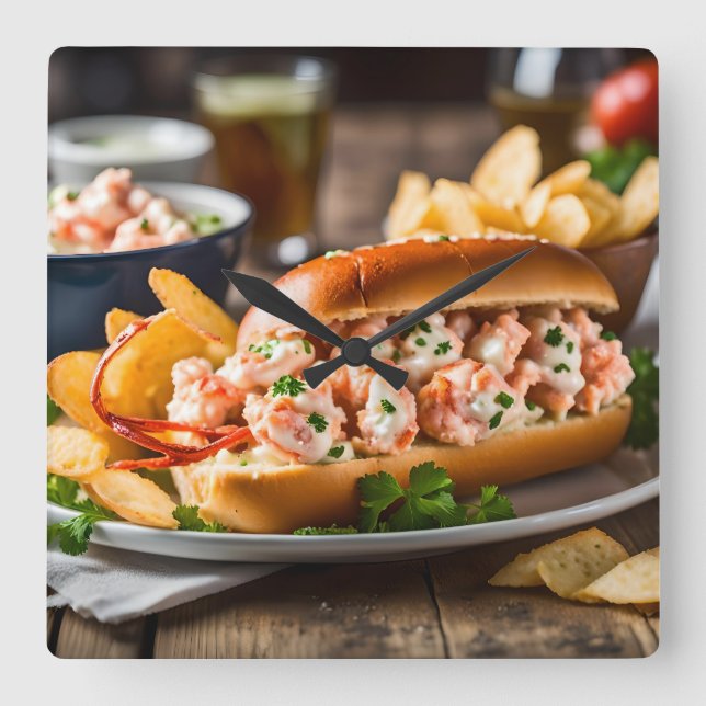 Horloge Carrée Rouleau de homard et frites (Recto)
