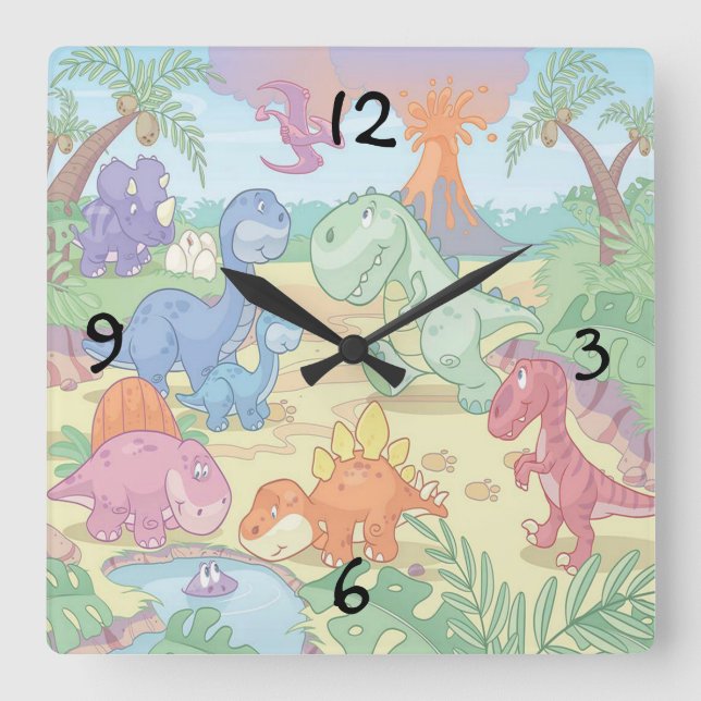 Horloge Carrée Round (large) Wall Clock/Dessin animé dinosaure (Recto)