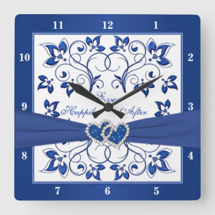 Horloge Carrée Royal Blue, Blanc Floral Coeur Heureux Jamais Aprè