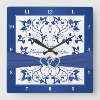 Horloge Carrée Royal Blue, Blanc Floral Coeur Heureux Jamais Aprè